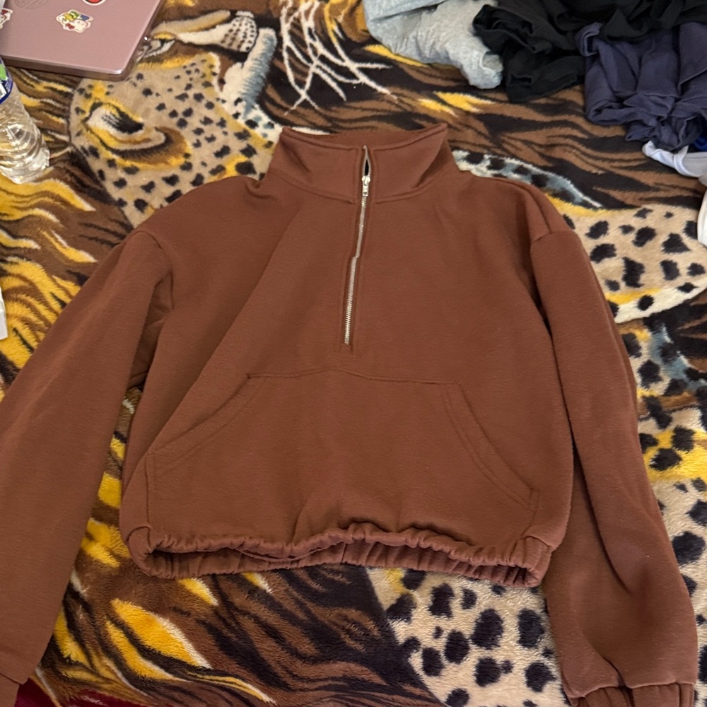 SHEIN Brown Cropped Quarter Zip